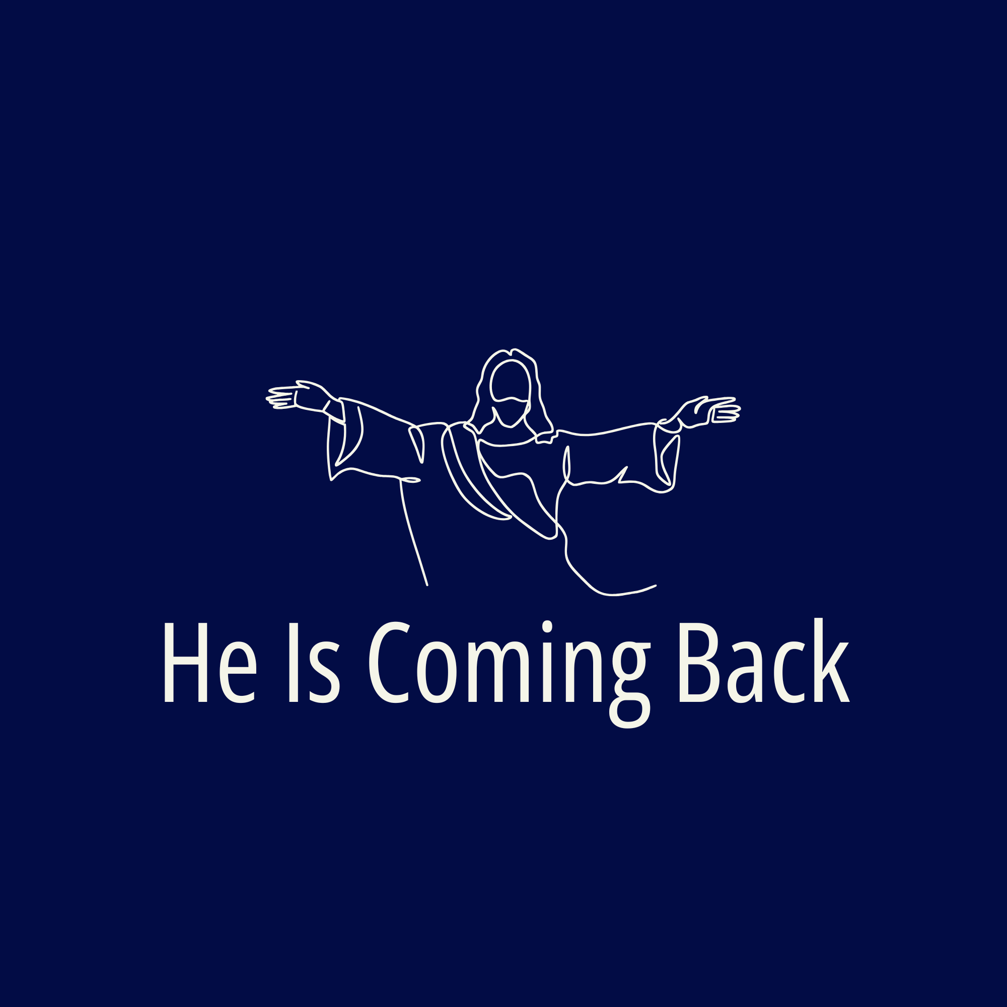 A colorful mural with a central figure of Jesus Christ with open arms, set against an abstract background of swirling painterly strokes in blue, purple, yellow, and green. Text at the bottom reads "He Is Coming Back."