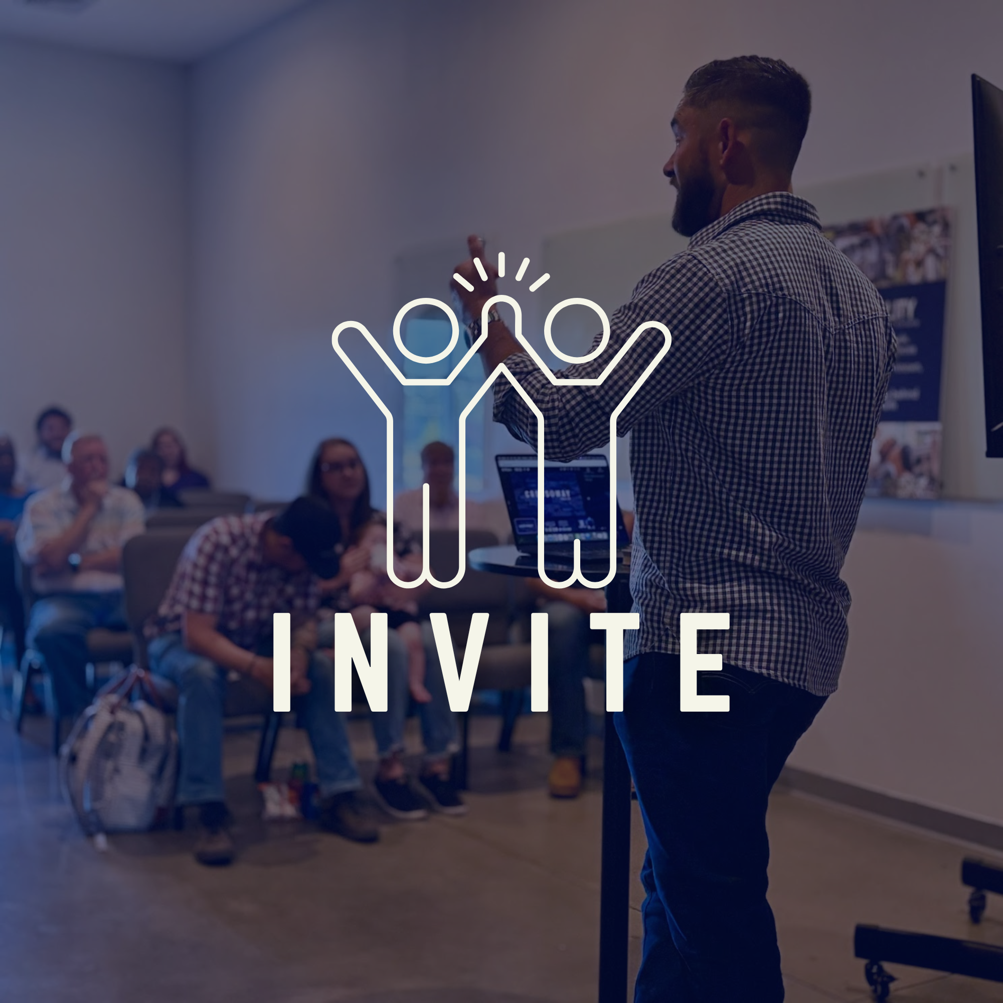 A man in a checkered shirt and blue pants giving a thumbs up in front of a group of people during a presentation or meeting in a conference room with a large screen and printed posters on the wall. Overlaid text encourages inviting friends, family, and neighbors to join what God is doing in Moncks Corner.