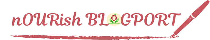 Logo for Nourish Blogport with stylized pink text, a green apple icon, and a brown pen illustration.