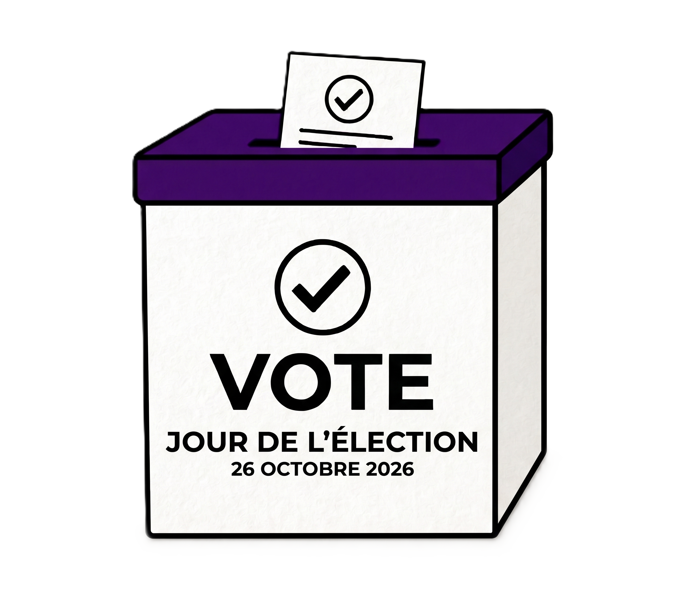 Une illustration d'urne électorale blanche et mauve pour la campagne de Todd Lalonde au conseil municipal de Cornwall, où l'on peut lire 'VOTE JOUR DE L'ÉLECTION 26 OCTOBRE 2026'.