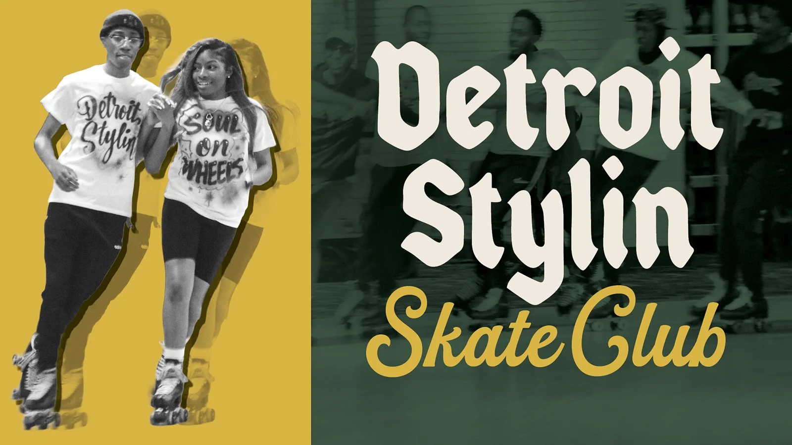 Vintage style promotional image for Detroit Stylum Skate Club featuring a black and white photo of a group of people roller skating, with the foreground showing two young women in casual clothing and roller skates, one with glasses and a cap, the other smiling and wearing a graphic T-shirt, over a yellow background and bold white and gold text that reads 'Detroit Stylum Skate Club'.