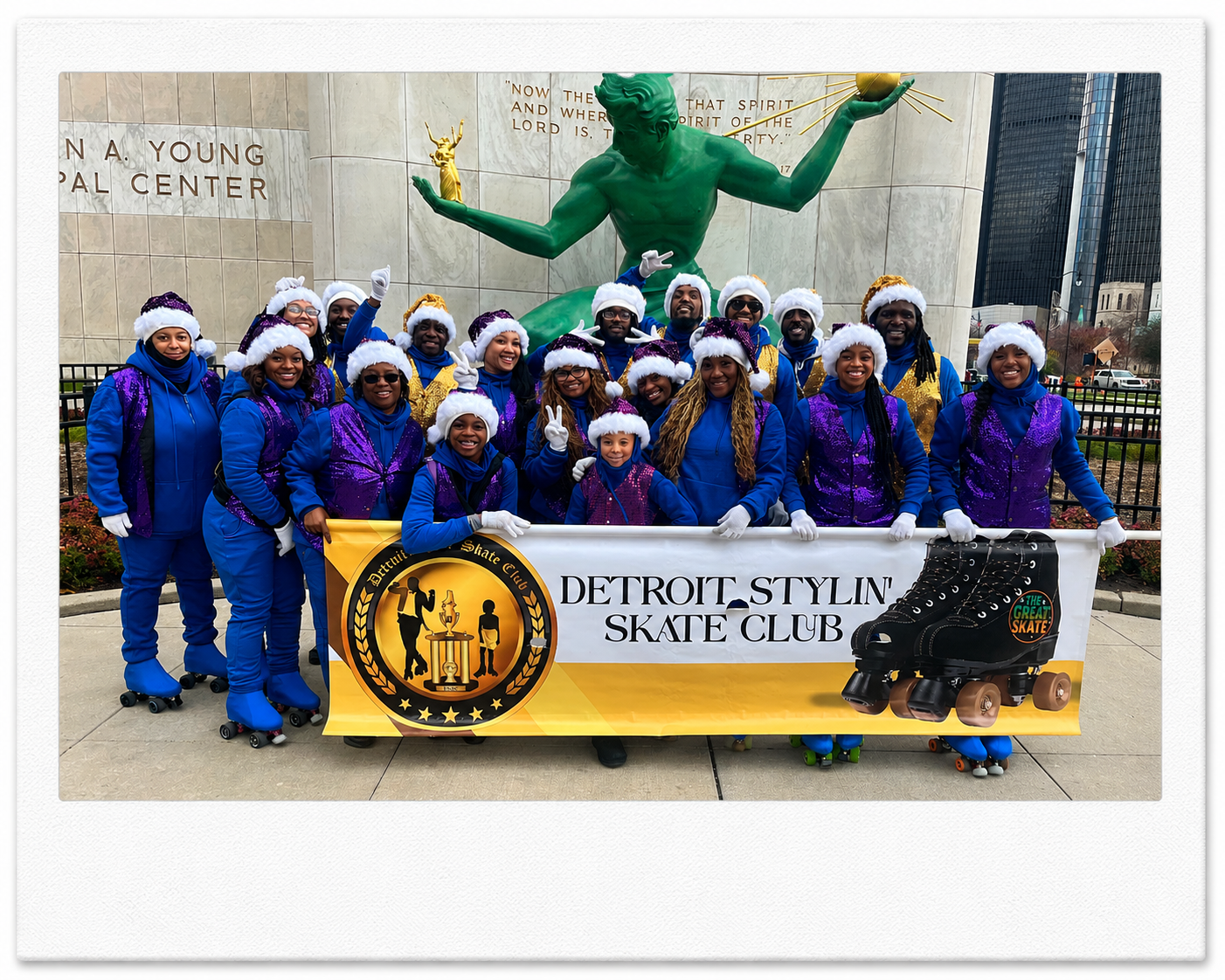 DSSC in front of the Spirit of Detroit after skating in the America's 99th Thanksgiving Parade in downtown Detroit.