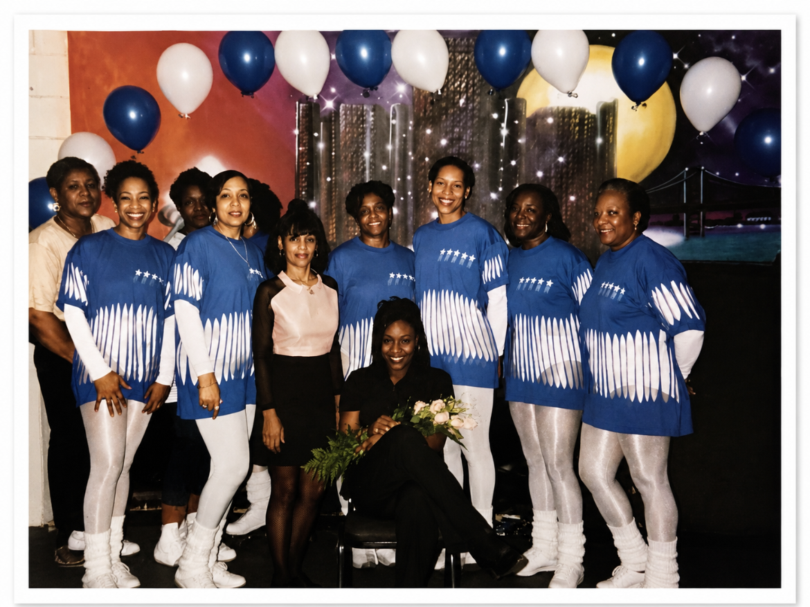 A group of women, some in blue and white athletic jerseys, posing for a photo at a celebration or event, with balloons and a starry night background featuring a bridge and full moon.