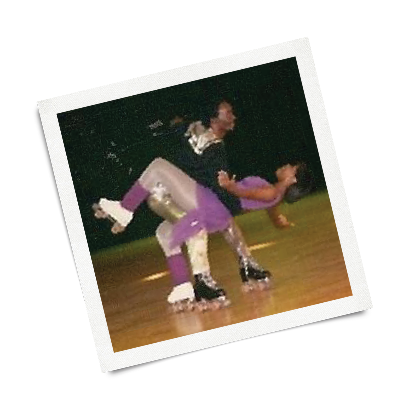 A blurry photo of two children playing outside at night, one with curly hair and wearing a rainbow shirt, and the other with dark hair, wearing a purple shirt and beige pants.