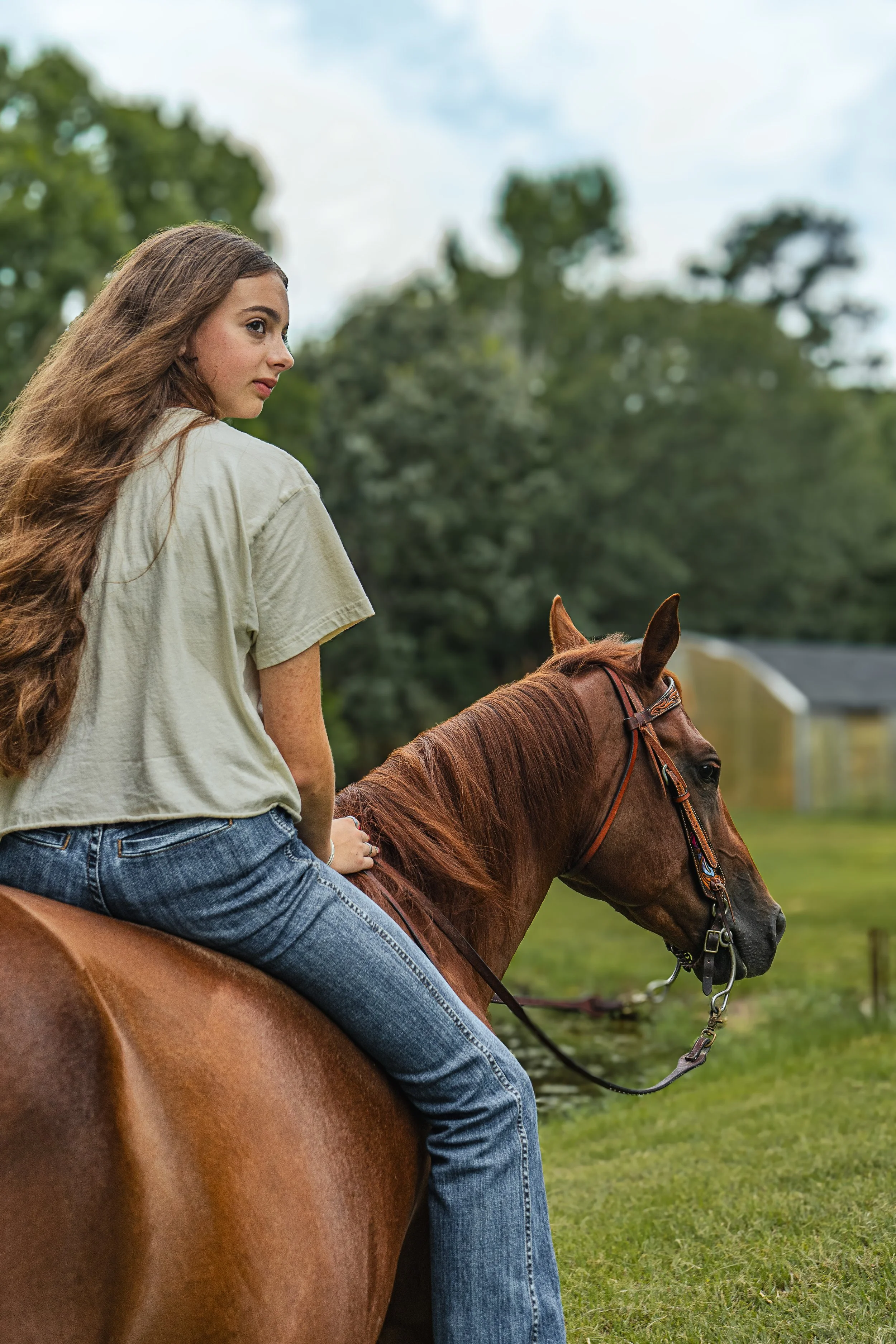 A young woman with long brown hair, wearing a light green t-shirt and blue jeans, is riding a chestnut horse outdoors in a grassy area with trees and cloudy sky in the background.