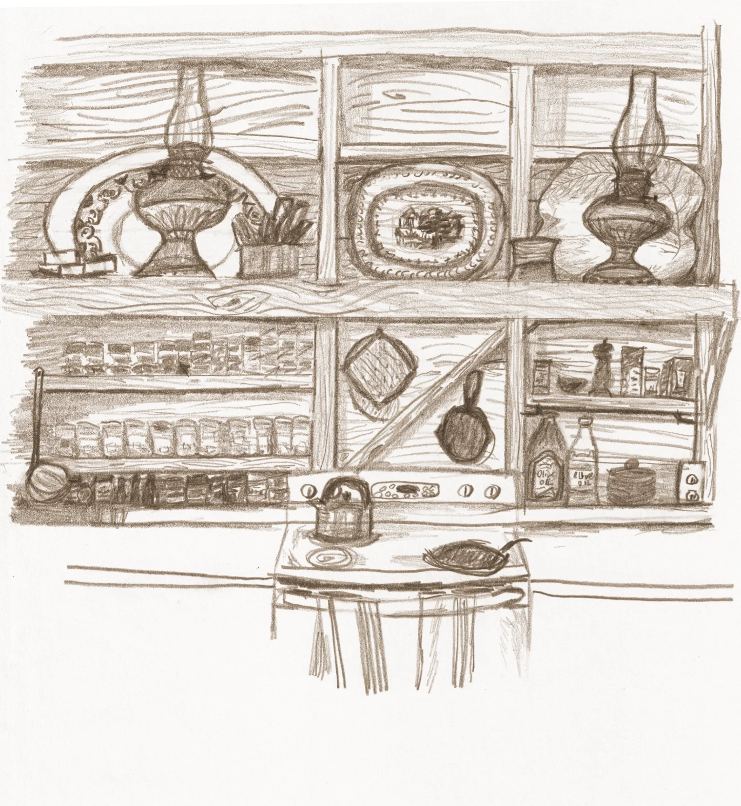 Main house kitchen sketch with open shelves, wood grain, oven mittens, olive oil bottles, spice jars, matchboxes, pepper shaker, frying pan, oven, teapot, and gas lamps.