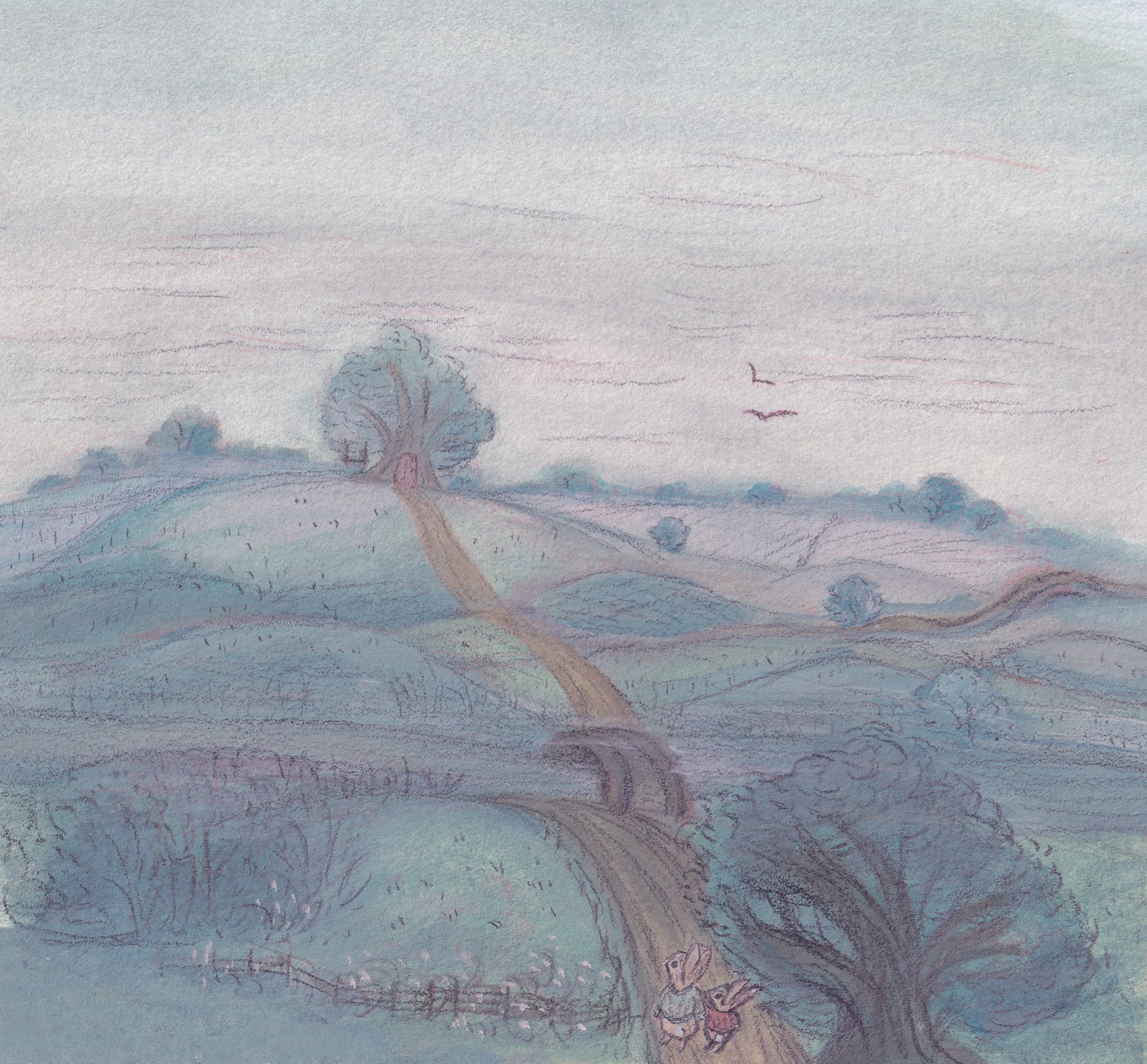 Illustration of rabbits heading homeward at dusk through rolling countryside in gouache with pencil details