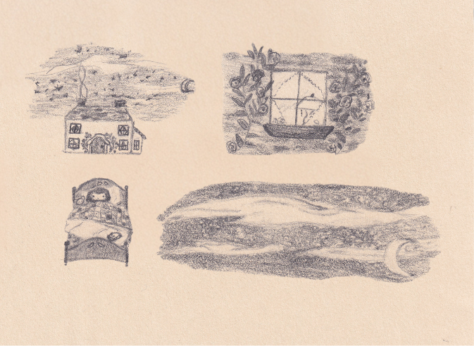 Cozy in the cottage under the quilt under the stars drawings