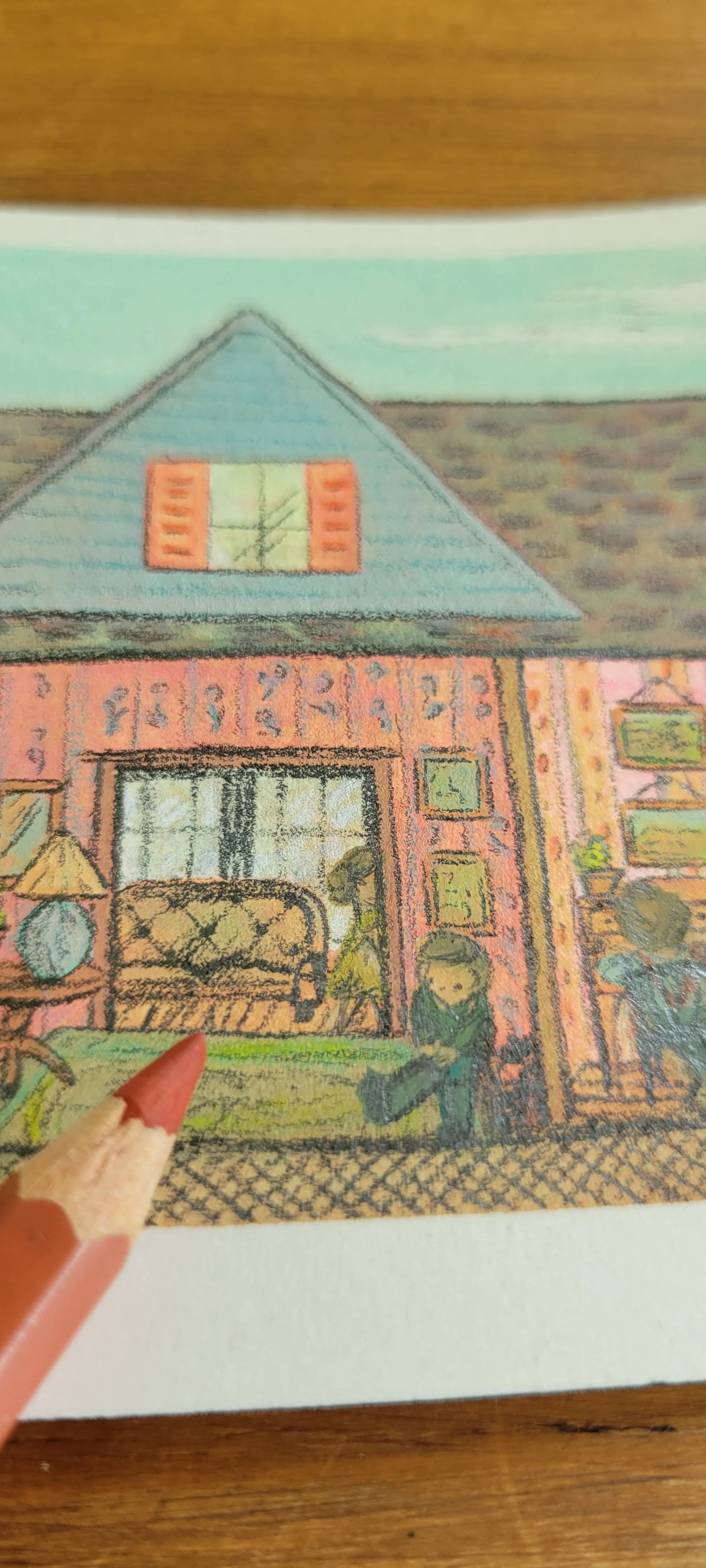 close up of handpainted Old farmhouse dollhouse children's book illustration