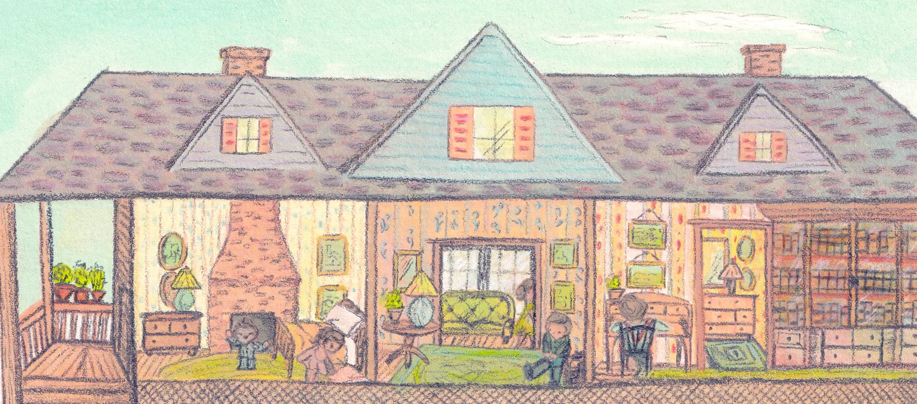 Cozy Dollhouse Illustration painted with gouache with pencil line work