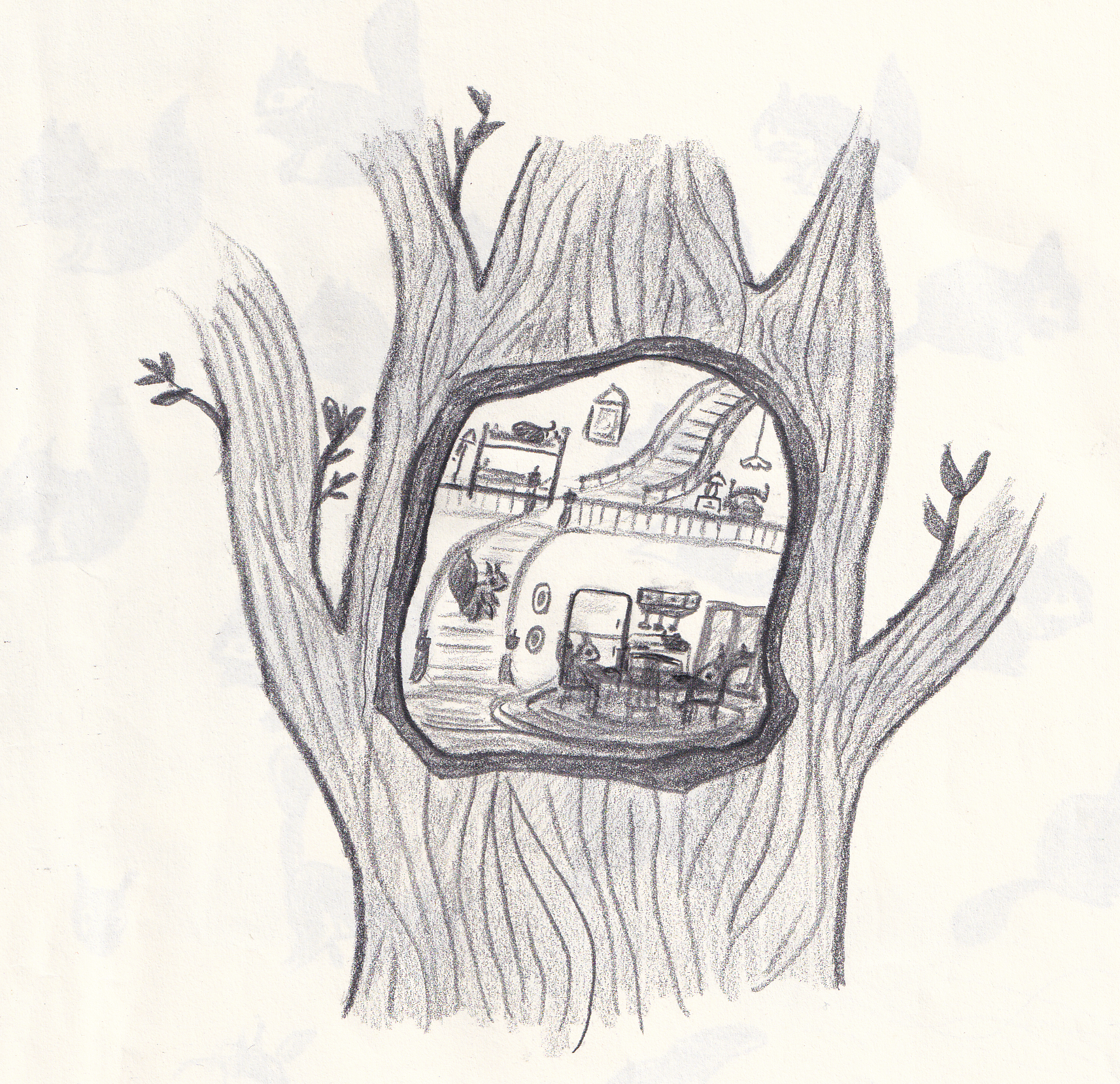 Squirrel family house in tree drawing