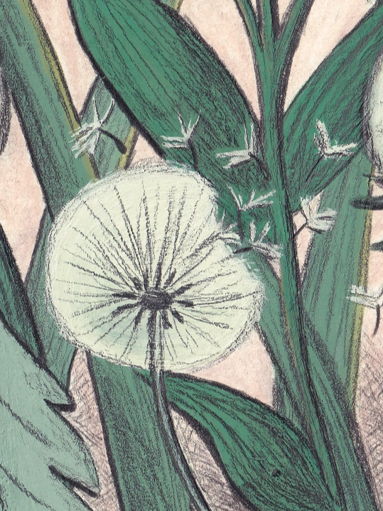 Gouache painting of dandelion blowing in the wind