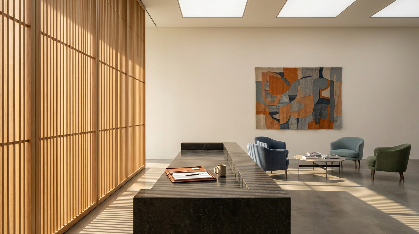 Sala de espera com quatro cadeiras acolchoadas em cores diferentes, uma mesa de centro com livros, uma parede com peça de arte abstrata e um balcão de recepção de mármore preto.