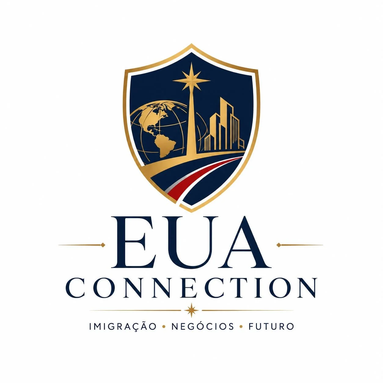 Escudo com uma estrela dourada na parte superior, uma representação do globo terrestre, edifícios e uma estrada na parte inferior, com o texto 'EUA Connection' e as palavras 'Imigração', 'Negócios' e 'Futuro' na parte inferior.