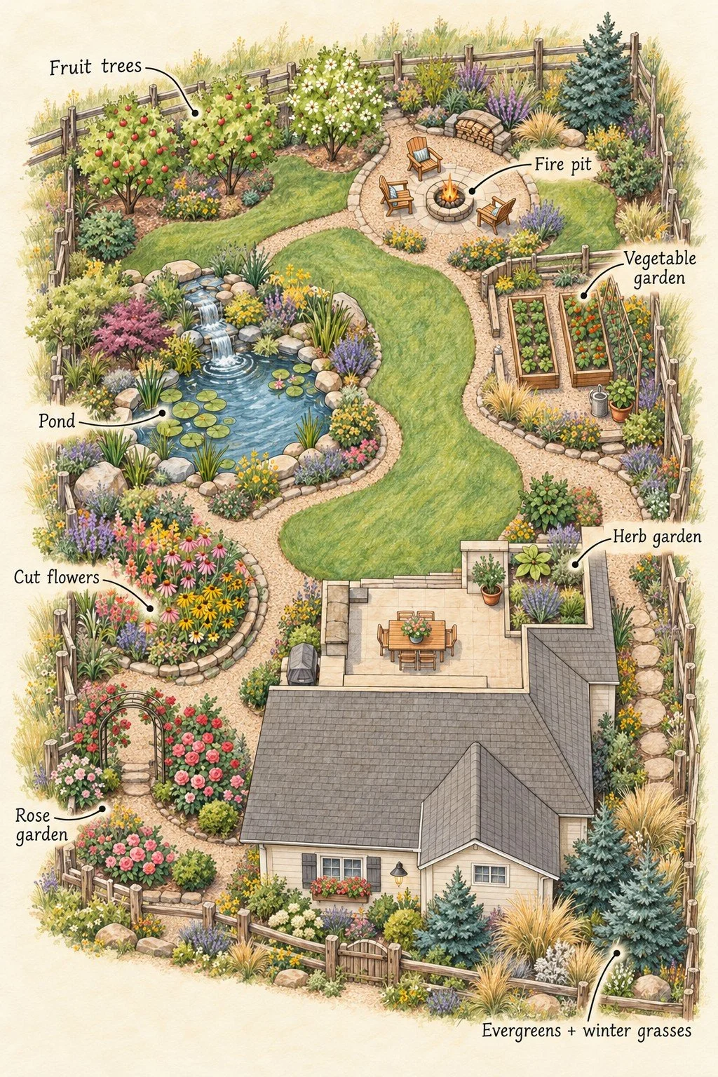 Hand-drawn country garden plan with fruit trees, a fire pit, vegetable and herb gardens, a pond, cut flowers, roses, and evergreens with winter grasses.