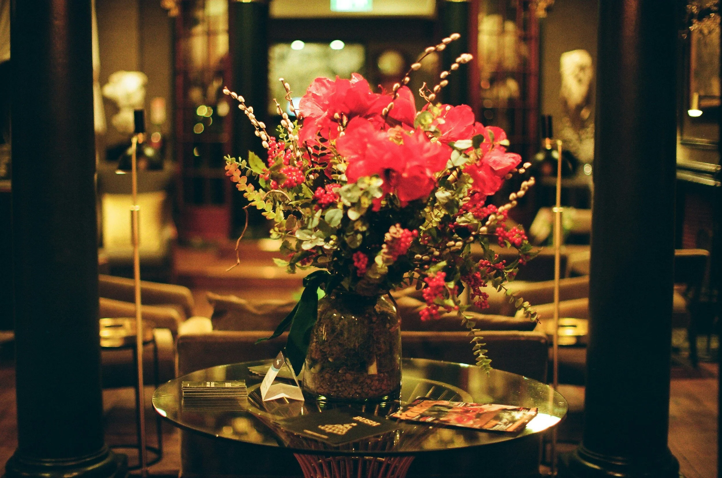 Red Flowers in a Beautiful Lobby