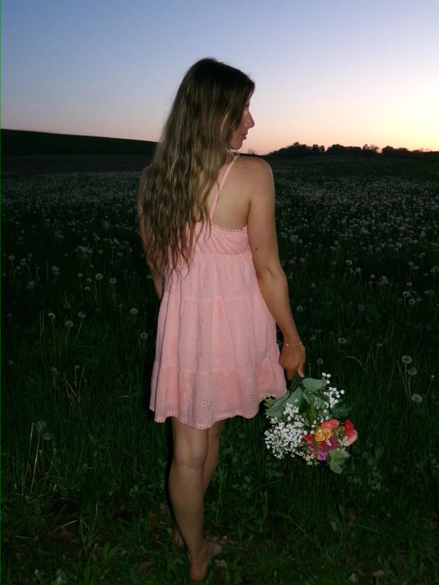 Jordan Hackenberg wearing a pink dress. Holding flowers in a field - Photo Capture 