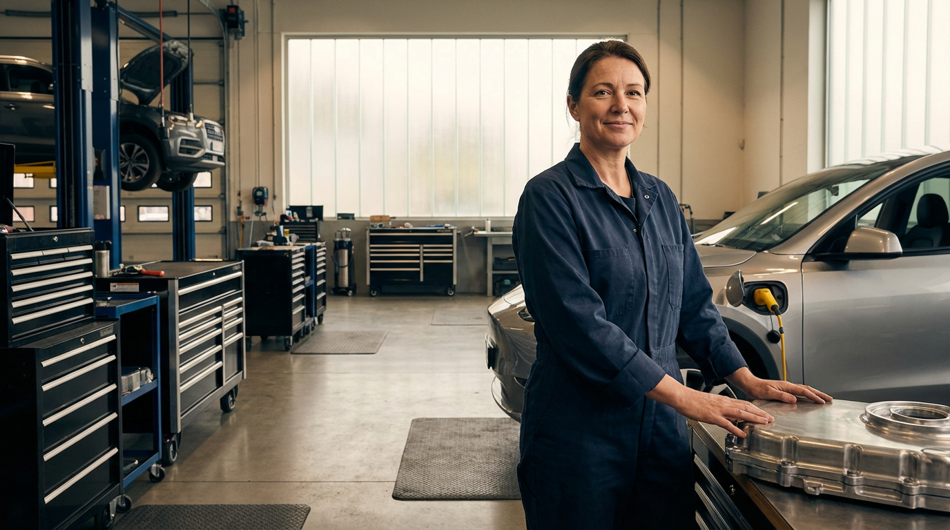 A woman in a mechanic's jumpsuit standing in an auto repair shop, smiling, with a car being repaired in the background.