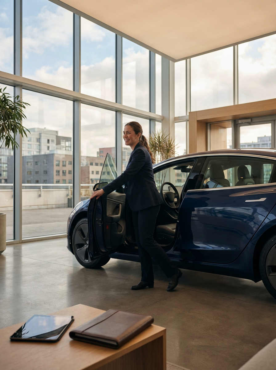 A woman in a business suit is getting into a dark blue electric car inside a modern building with large windows and cityscape view.