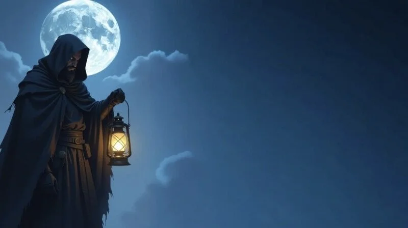 Man dressed as a monk or wizard holding a lantern, standing under a full moon in a dark night sky with clouds.