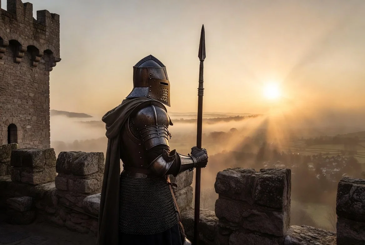 A medieval knight in full armor with a helmet and chainmail standing on a stone castle wall, holding a spear, looking at a sunrise over a foggy landscape.