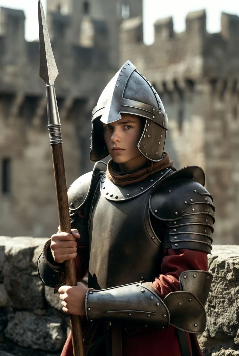 A young person dressed in medieval armor, holding a spear, standing in front of a castle wall.