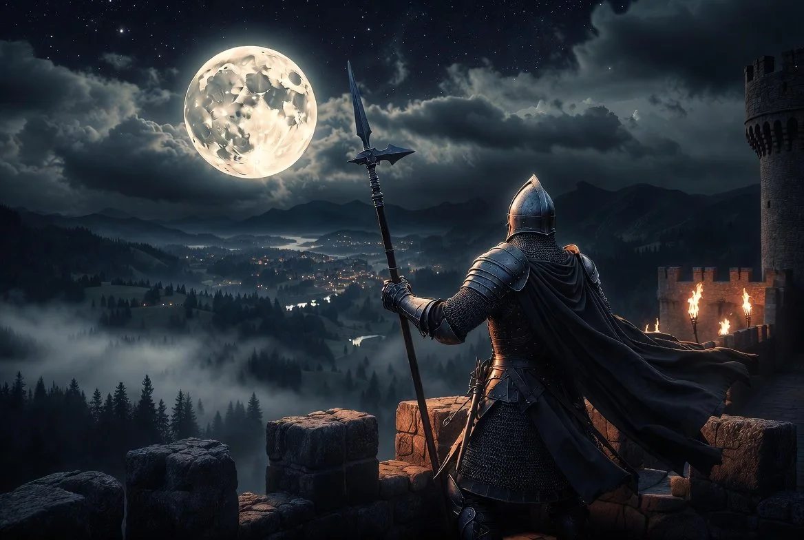 A knight in armor holding a spear, looking over a medieval castle and a moonlit landscape with mountains and a river in the distance.