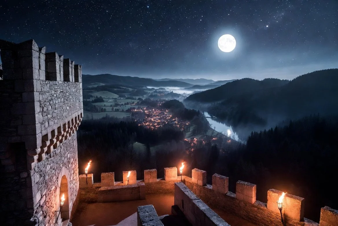 Nighttime view from a castle with torches, overlooking a valley with a river, village, and mountains under a full moon and starry sky.
