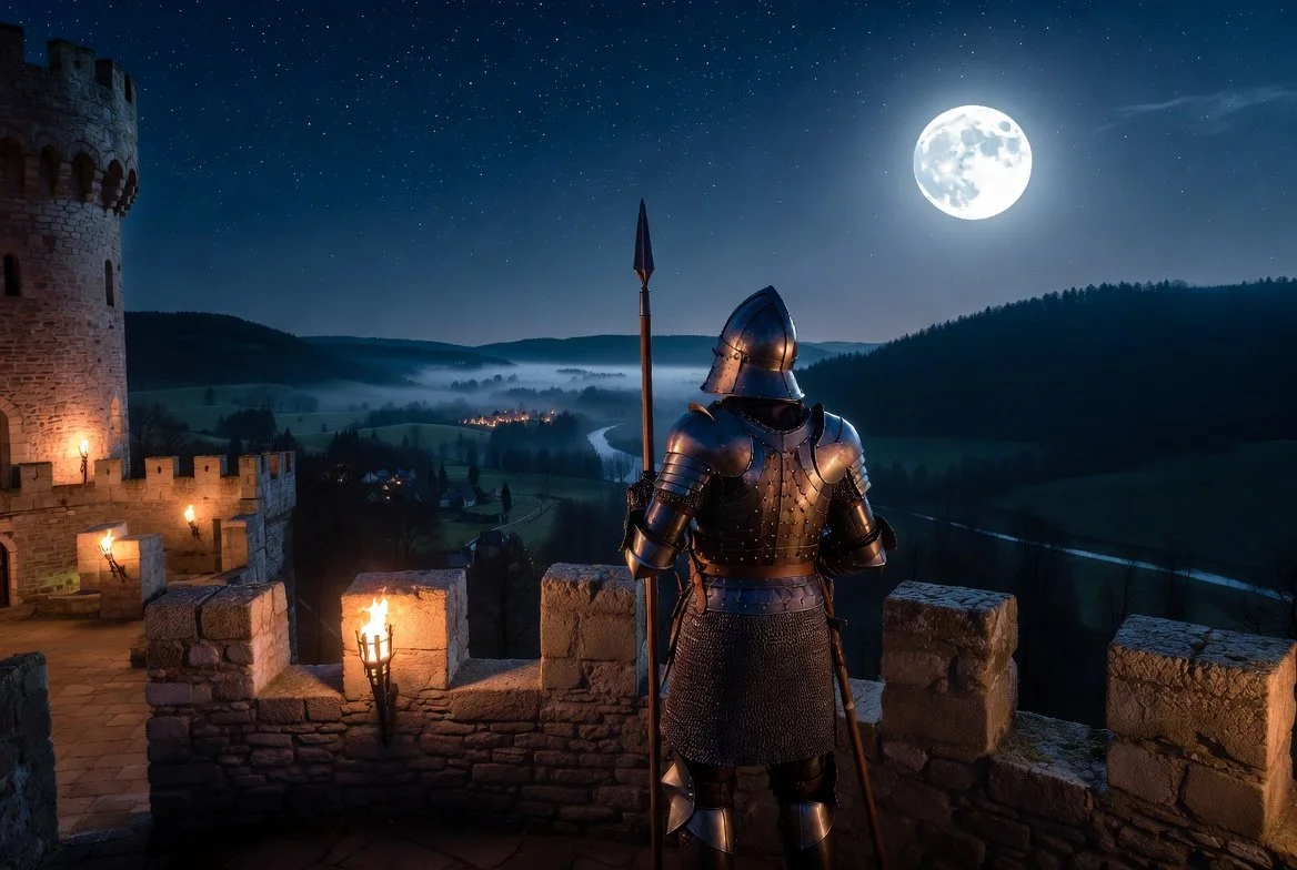 A knight in full armor with a spear stands on a castle tower overlooking a moonlit landscape with rolling hills, a river, and a village in the distance at night.