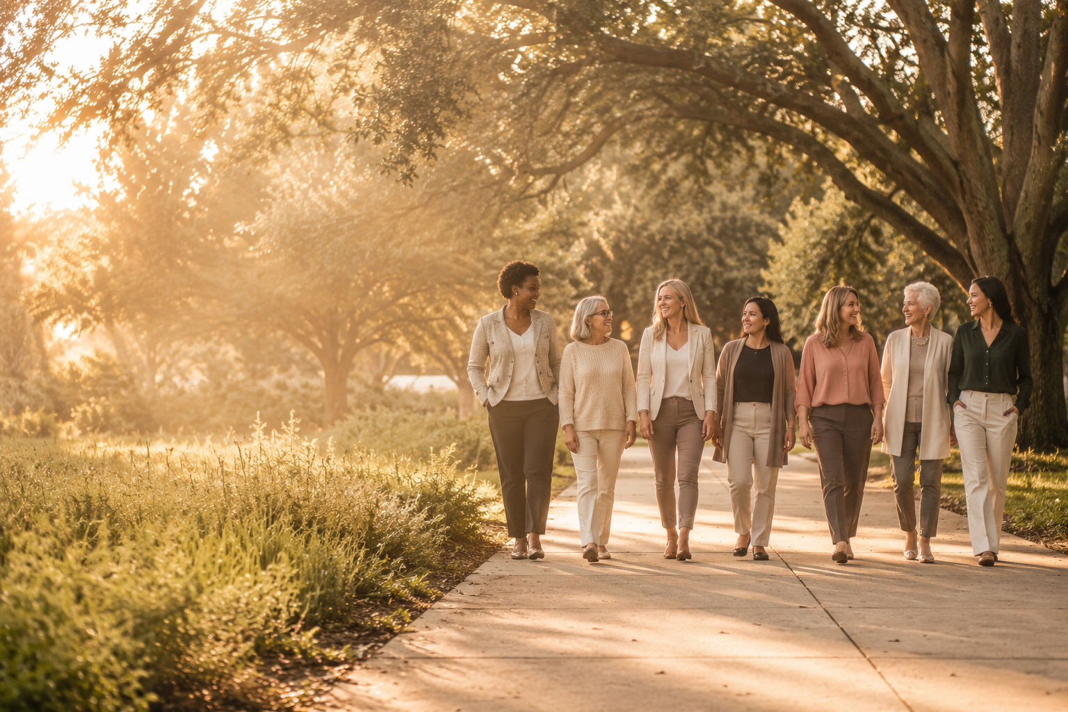 A group of eight women walking together on a pathway in a park during sunset, surrounded by trees and greenery.