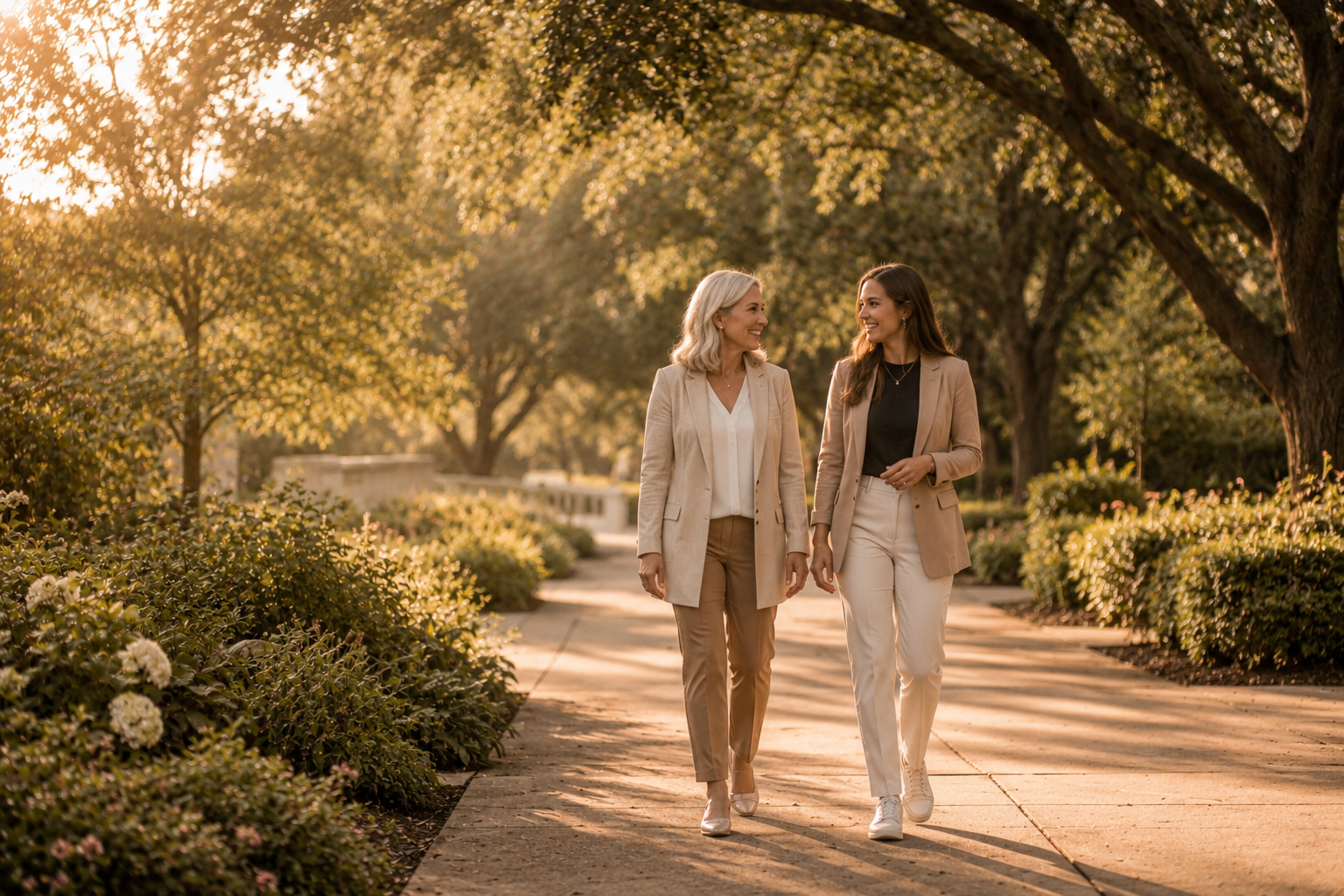 Two women walking and talking on a park pathway surrounded by trees and bushes during sunset.