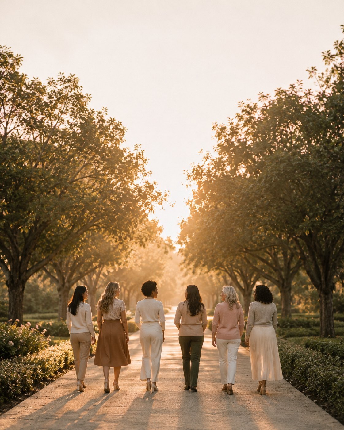Seven women walking together on a tree-lined pathway at sunset.