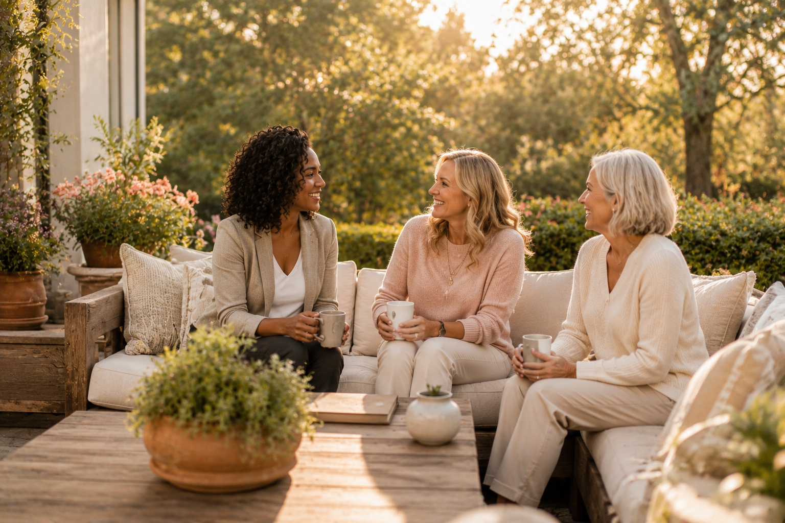 Three women sitting on a porch sofa, engaging in conversation and smiling, with greenery and potted plants outside in warm sunlight.