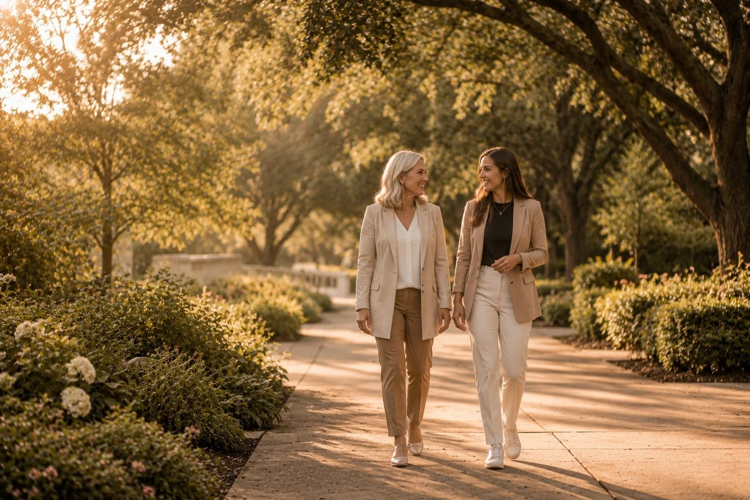Two women walking and talking on a park pathway surrounded by trees and bushes during sunset.