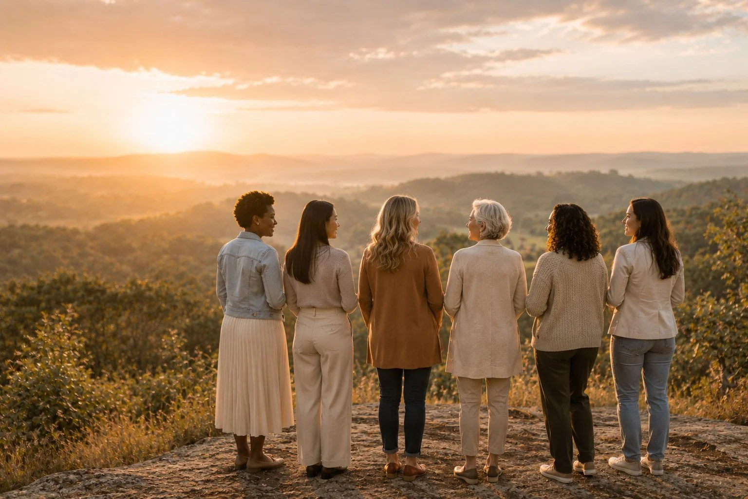 Seven women standing on a rocky overlook at sunset, facing away, with a scenic landscape of rolling hills and a sunset sky in the background.
