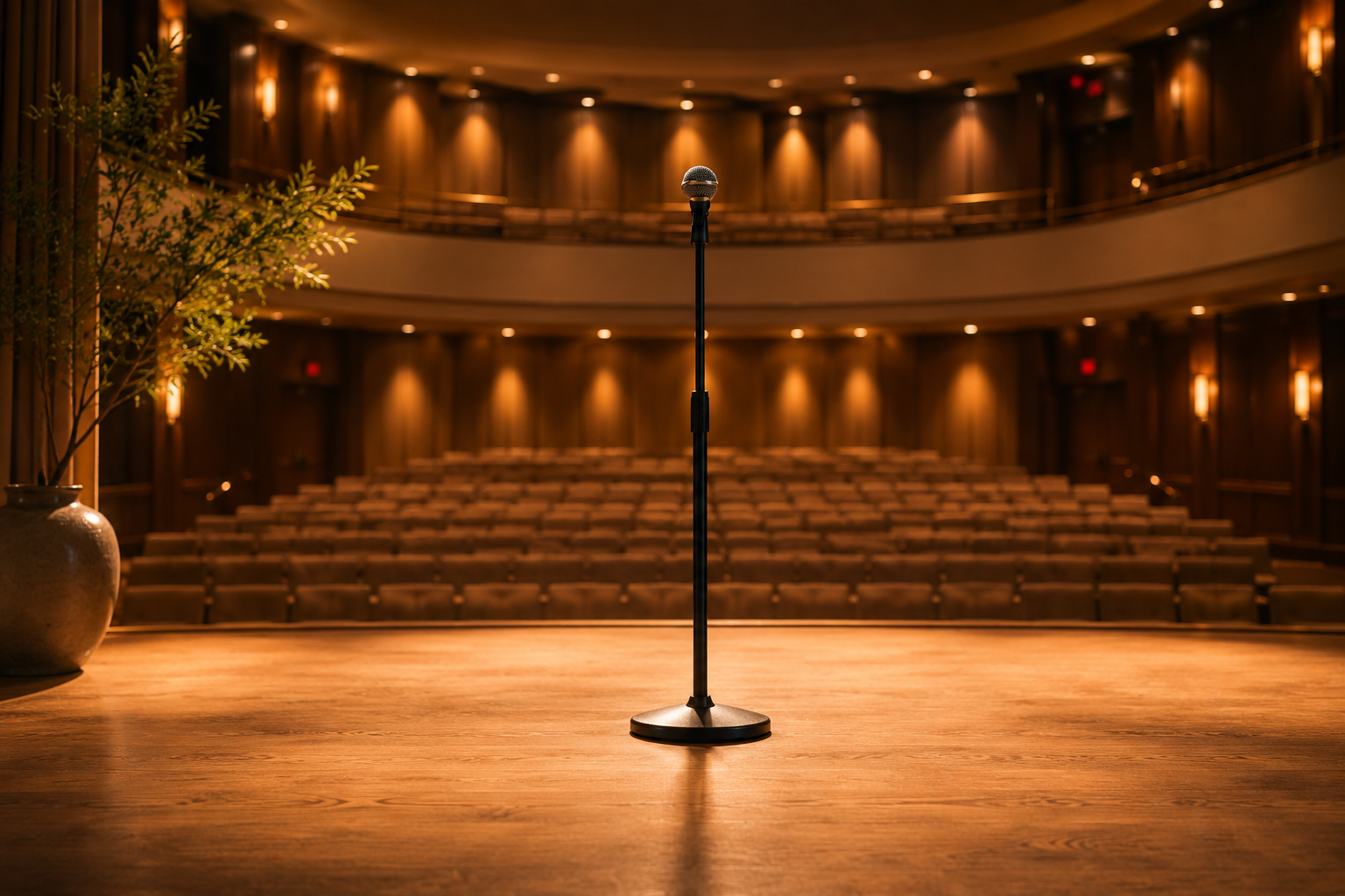 Empty stage with a microphone in front of an auditorium with wooden seating and warm lighting.