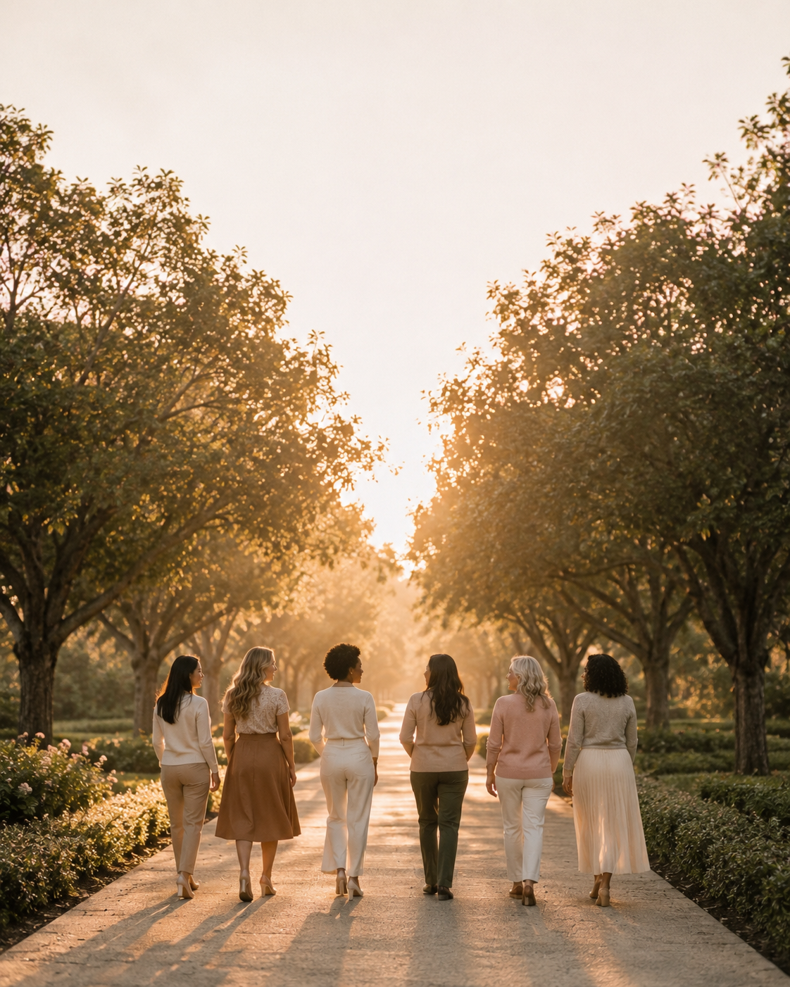 Seven women walking together on a tree-lined pathway at sunset.