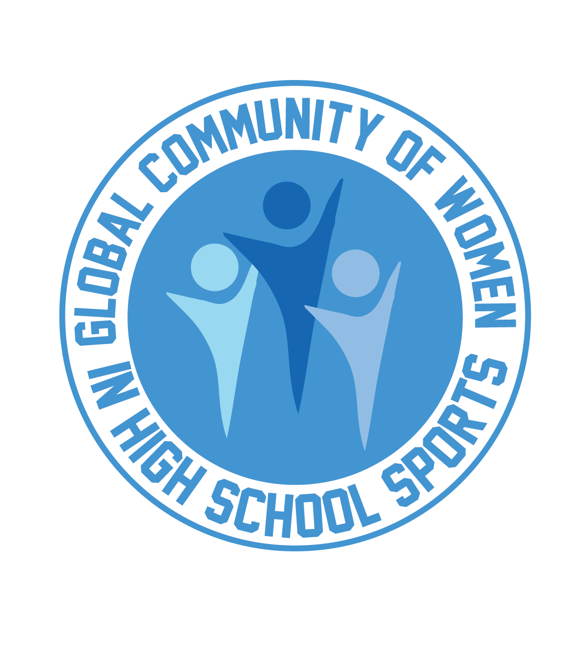 Logo of the International Globoal Community of Women in High School Sports featuring three stylized figures with arms raised in celebration, surrounded by the organization’s name.