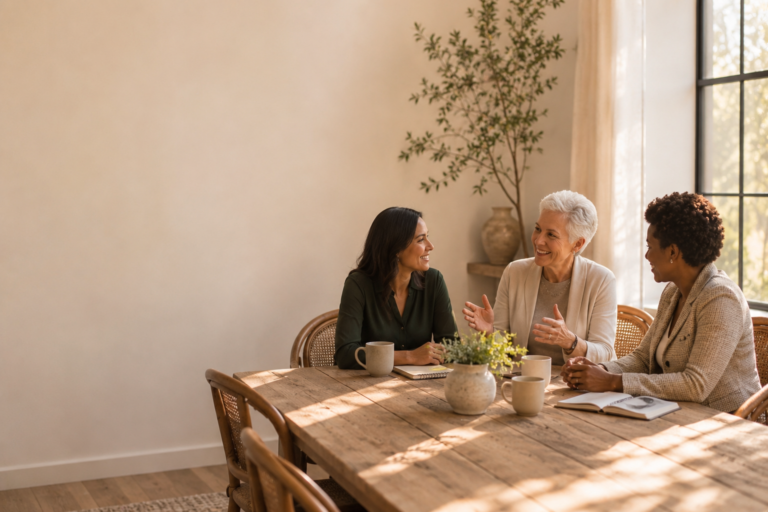 Three women sitting at a wooden dining table, engaged in conversation, with coffee mugs and notebooks, in a sunlit room with a large window and a potted plant in the background.