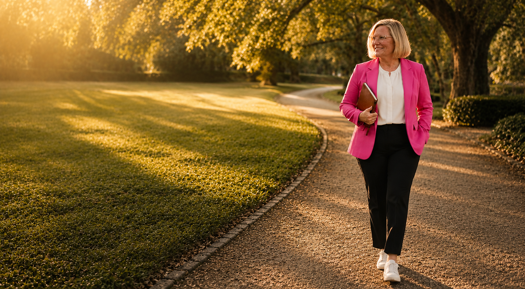 A woman walking on a curved path in a park during sunset, wearing a bright pink blazer, white blouse, black pants, and white sneakers, holding a brown folder and smiling.