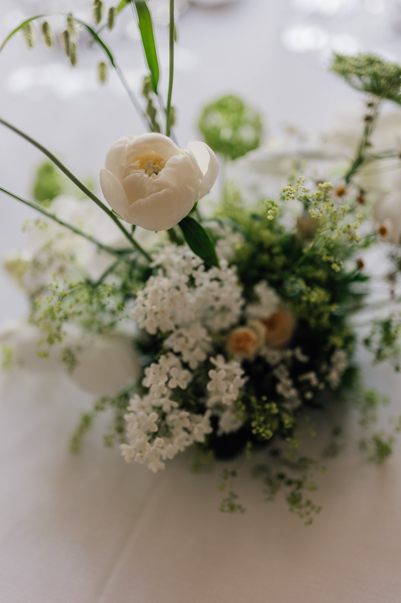 Et blomsterarrangement med hvide blomster og grønne blade på en hvid baggrund.