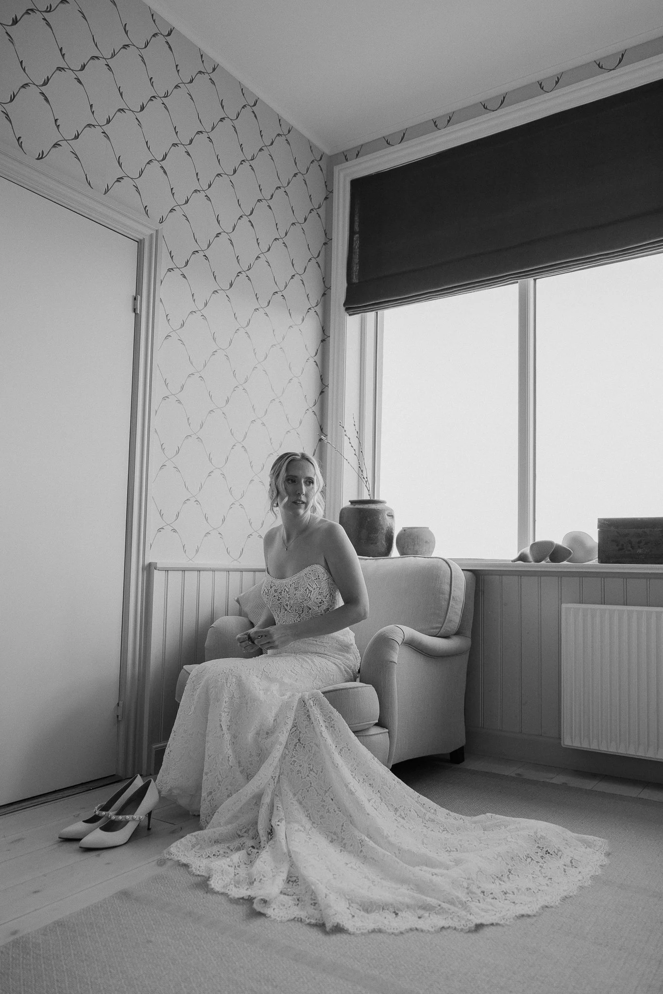 Brud gør sig klar til bryllup på Hotel Bretagne i Hornbæk