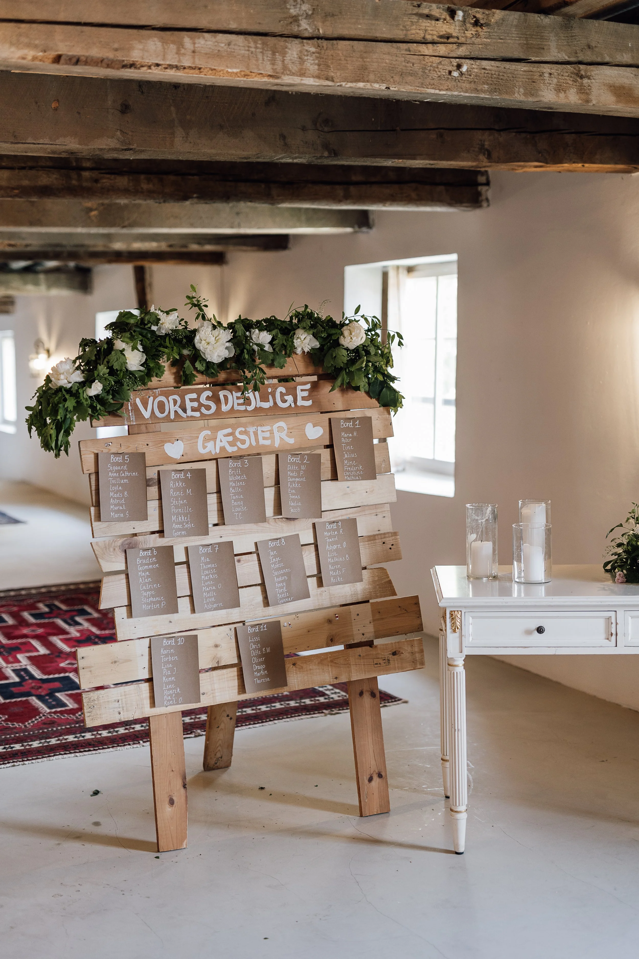Velkomstskilt med blomsterdekoration. Bordplan med gæstelister. Skal til et bryllup eller reception.