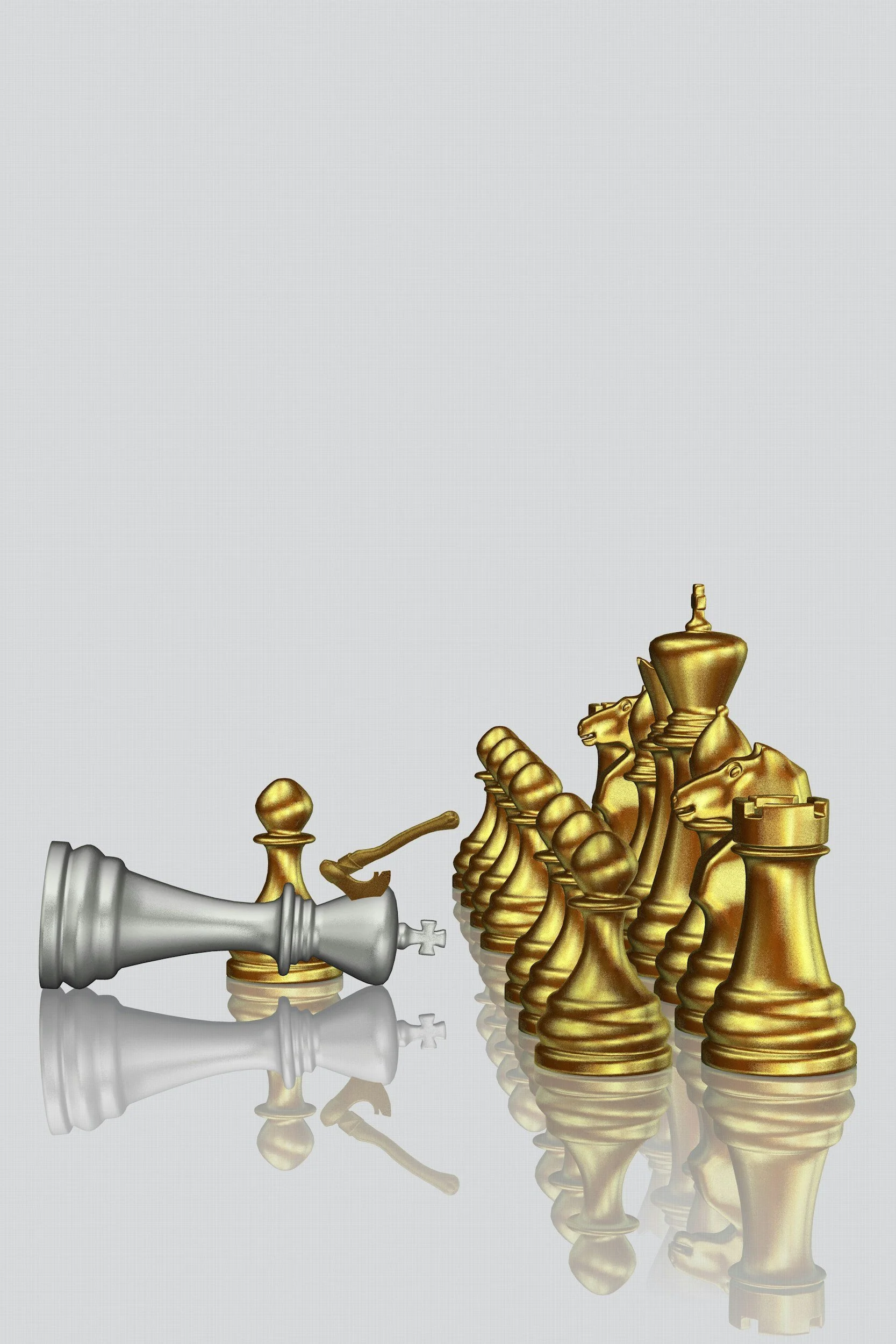 A fallen silver king chess piece lies on its side among toppled gold chess pieces on a reflective surface.