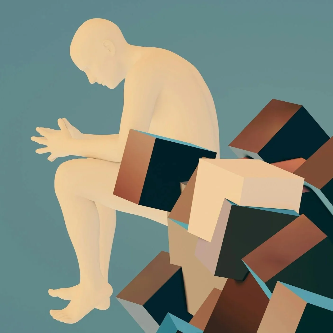 A stylized illustration of a bald, pale man sitting on a block of ice, looking down with a contemplative expression, surrounded by several blocks of varying shades of brown and blue.