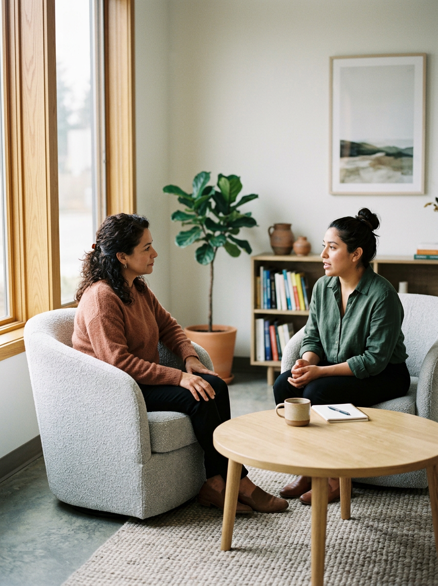 Two women having a conversation in a welcoming therapy office.
