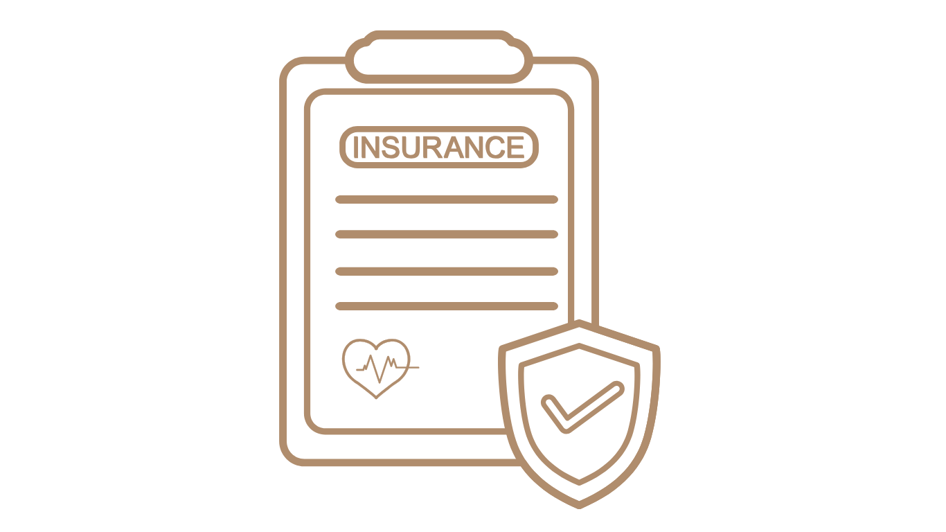 Outline drawing of an insurance document with a heart and heartbeat line, accompanied by a shield with a check mark symbol.