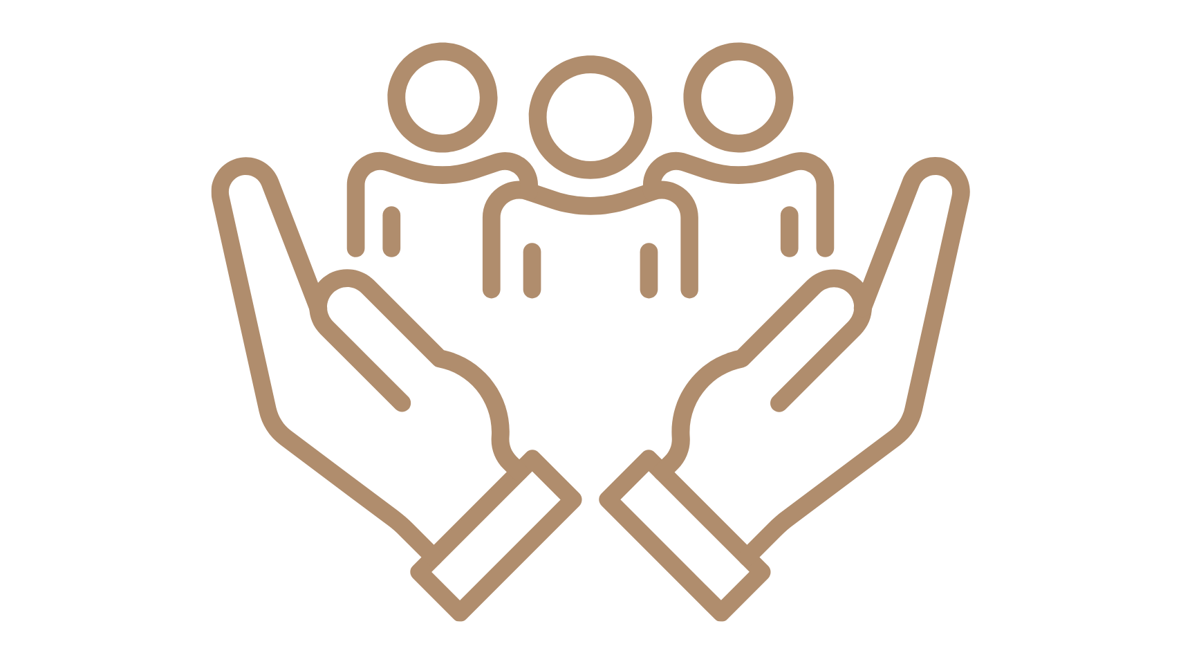 Outline icon of hands holding three people.