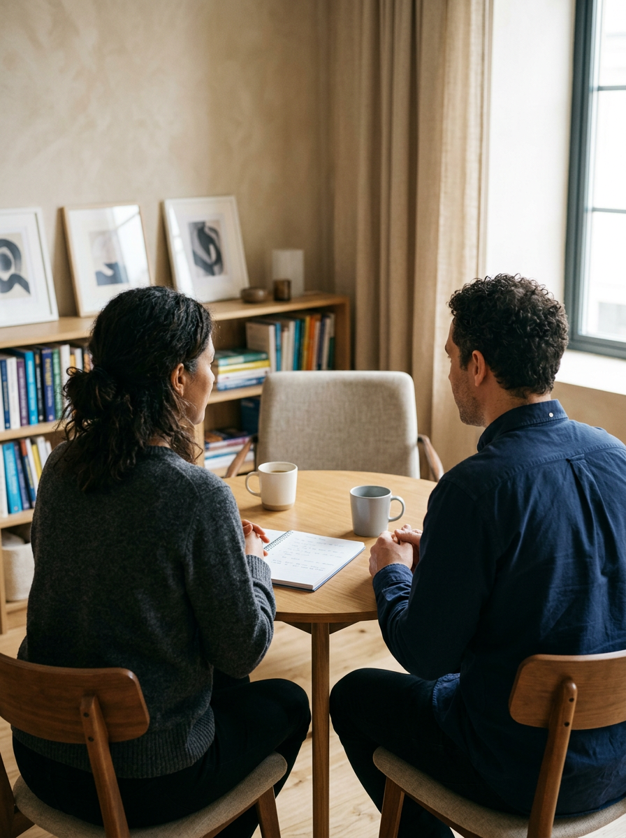 Two people sitting at a round wooden table having a conversation, with books and framed pictures on a bookshelf behind them, and a window to the right letting in natural light.