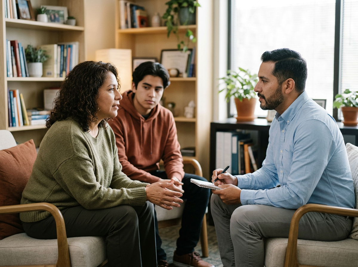 A therapist or counselor is talking with a woman and a young man in a therapy/counseling session in a cozy, well-lit room with books and plants.